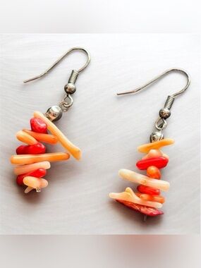 Red Coral Dangle Earrings | Natural Boho Orange White | 1.75IN